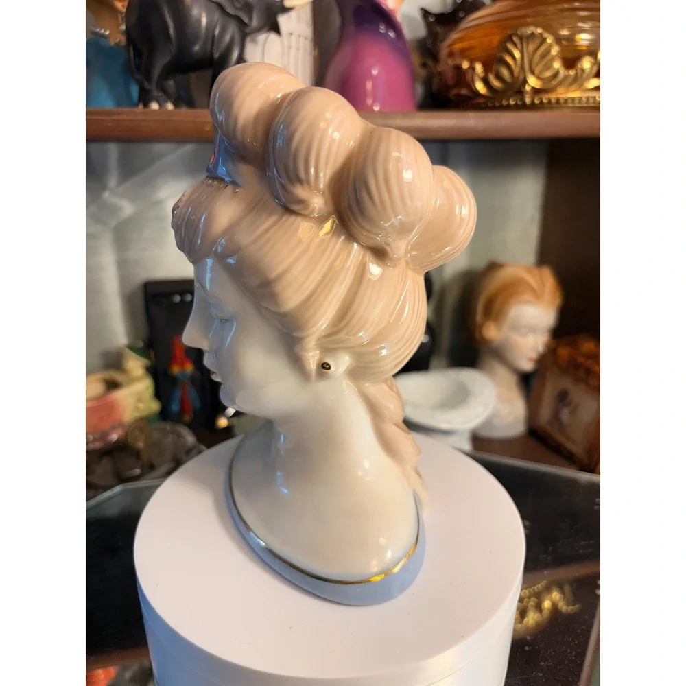 Vintage Ceramic Lady Head Vase Blue Tiara Gold Trim Peach Hair Porcelain Bust